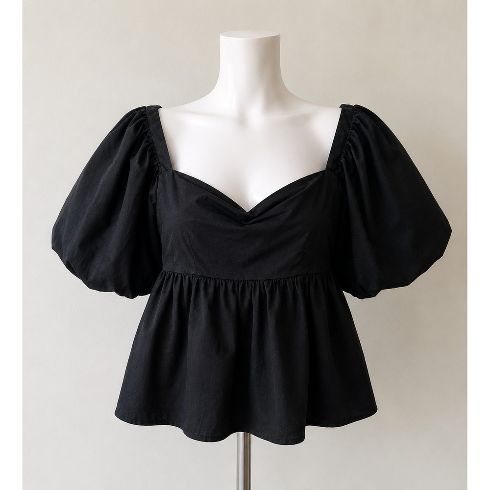 Old Navy Black Puff Sleeve Peplum Top Smocked Back Sweetheart Neck Blouse M